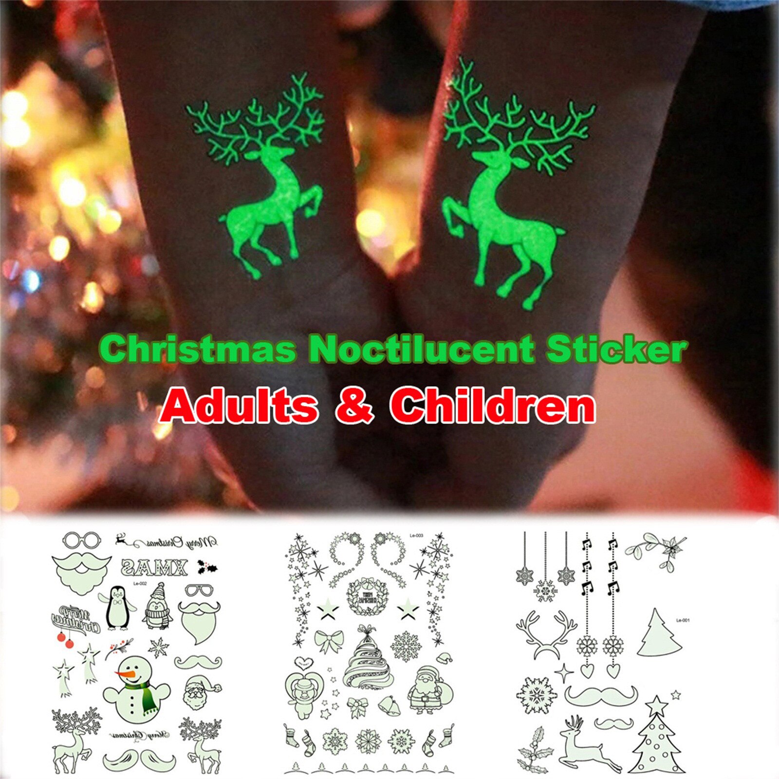 3 Vellen Lichtgevende Kerst Tattoo Stickers Waterdichte Cartoon Sneeuwvlok Xmas Tattoo Voor Volwassenen & Kinderen
