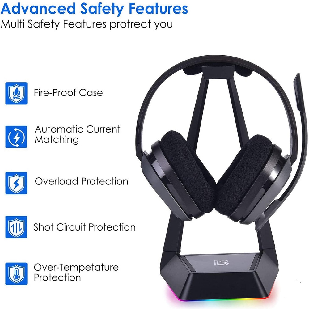 Bluesolids RGB Headphone Stand with 3 2.0 USB Hubs Holder Headset Hanger Rack for Desk Gaming Headset