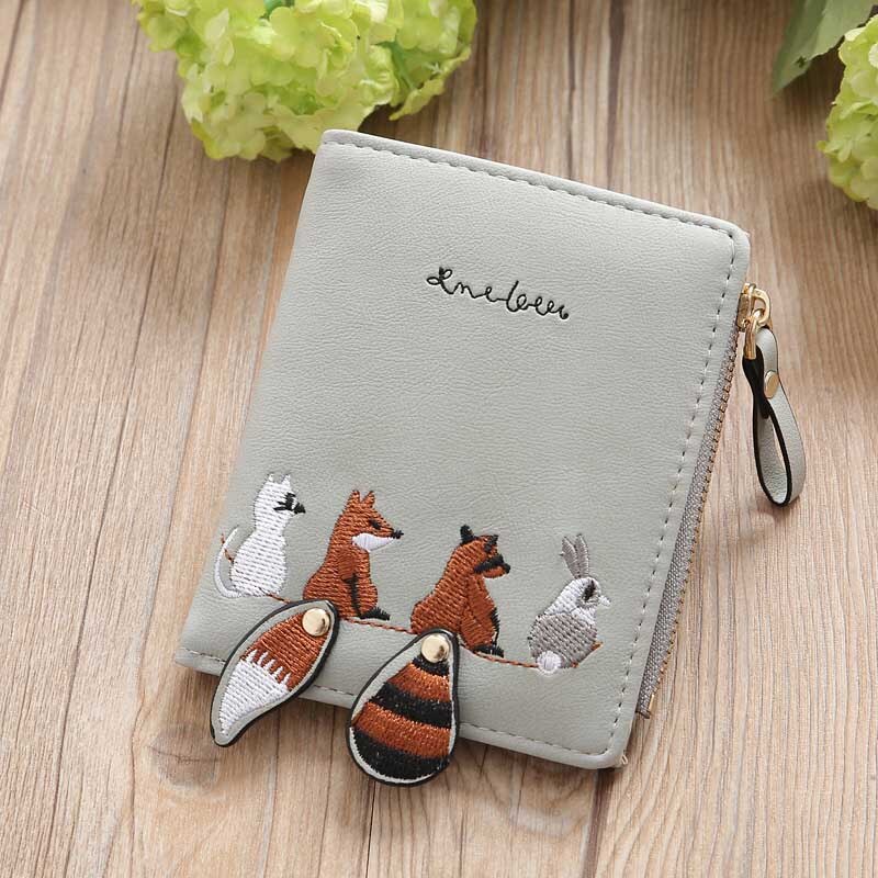 1pc damen-geldbörsen mit niedlichen Karikatur-tieren, kurze leder-geldbörse, kleines münzfach, reißverschluss, kartenhalter für mädchen: Grau
