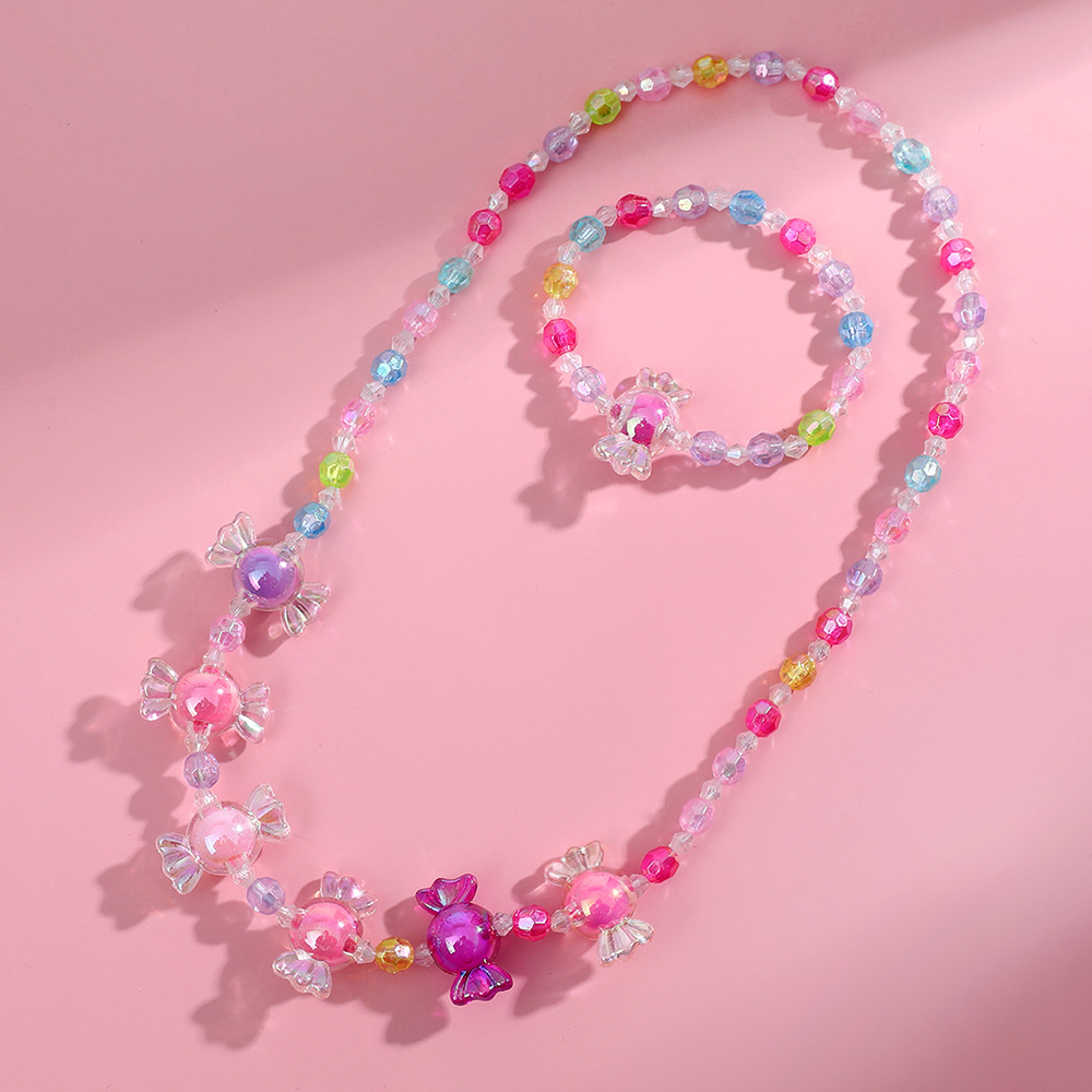 Conjunto de pulsera y collar dulce para niños, collar con cuentas coloridas de caramelo para niñas, joyería DIY al por mayor: Oro champán