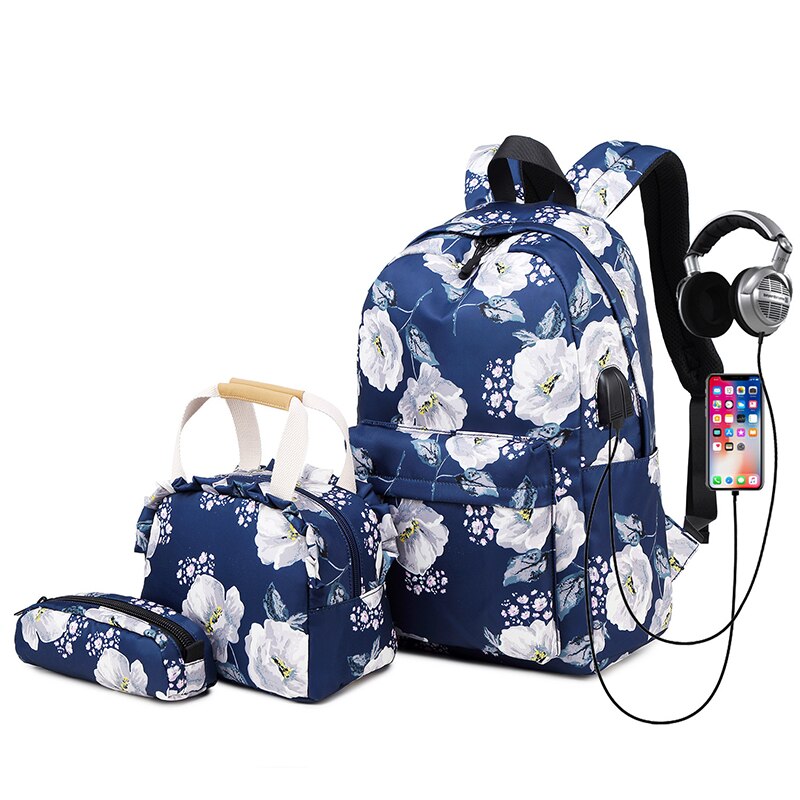 Børn teenagere rygsæk til skolepiger skole bogtasksæt 3 in 1 college laptop rygsæk vandtæt nylon rejse dagsæk: Blå 1 sæt