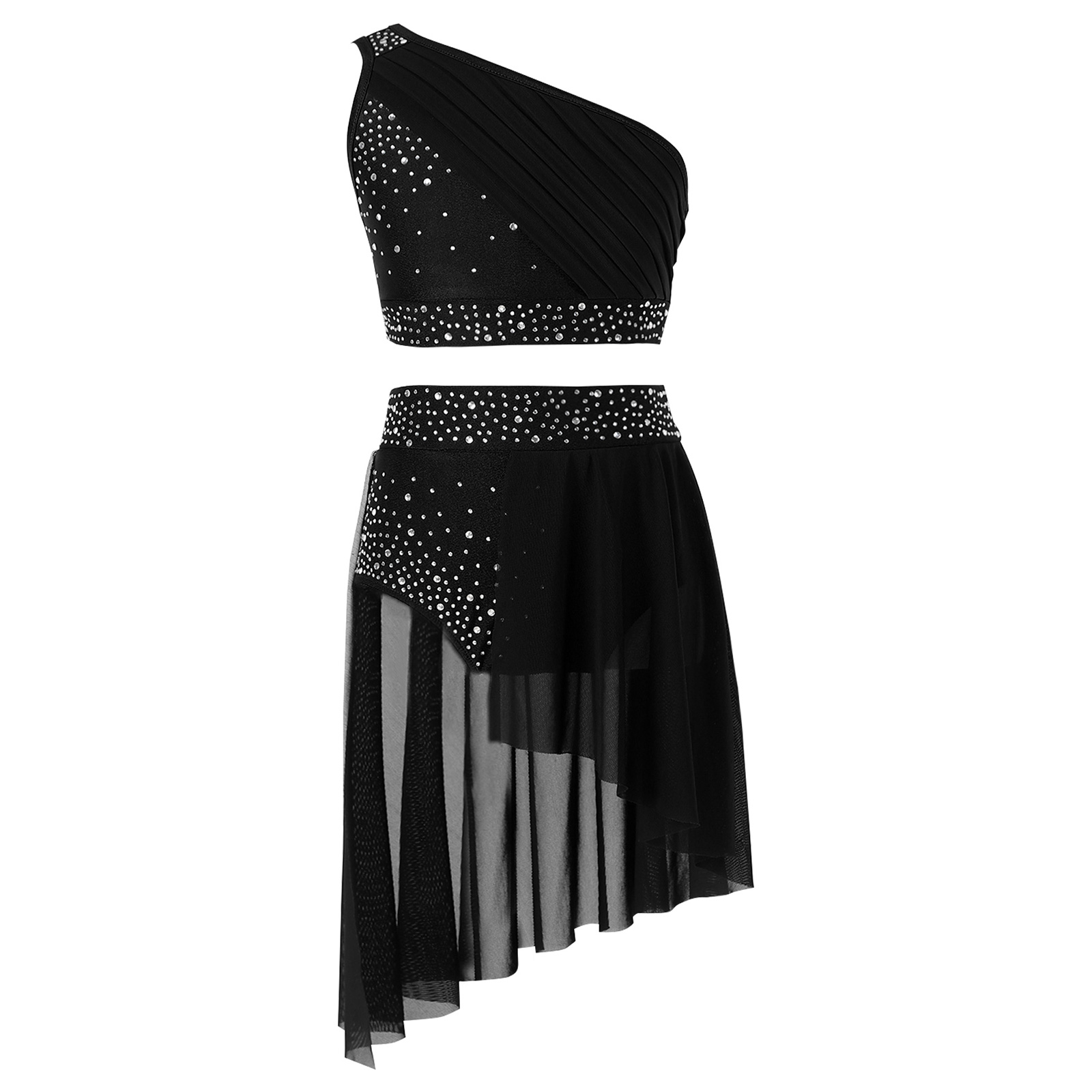 IEFiEL Conjunto de danza lírica para niñas, trajes contemporáneos modernos, Top corto con diamantes de imitación y leotardo con falda, traje de Ballet de 2 piezas: XXL / Castaño