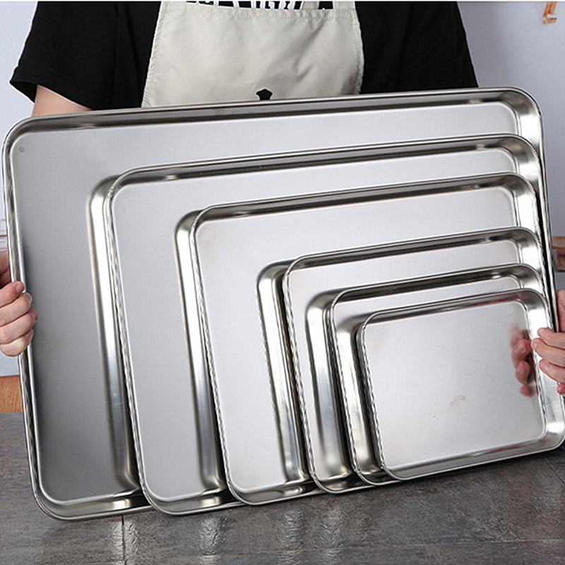 Kitchen Rectangle Stainless Steel Food Storage Serving Trays Sausage Noodles Fruits Dish Restaurant Hotel Metal Dinnerware Plate
