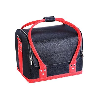 Pu läder kosmetisk låda kvinnor flera lager nagelkonst sminklådor stor kapacitet sminkpåse toalettartiklar: Röd-b