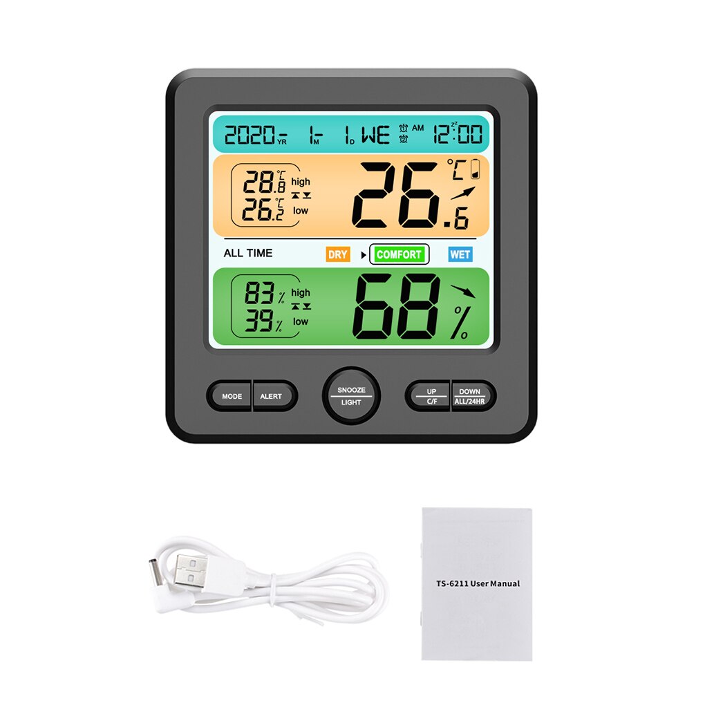 Mini Digital Clock HD LCD Screen Display Thermometer Hygrometer Alarm Clock With Dual Units Dual Alarms Sensor Gauge: black