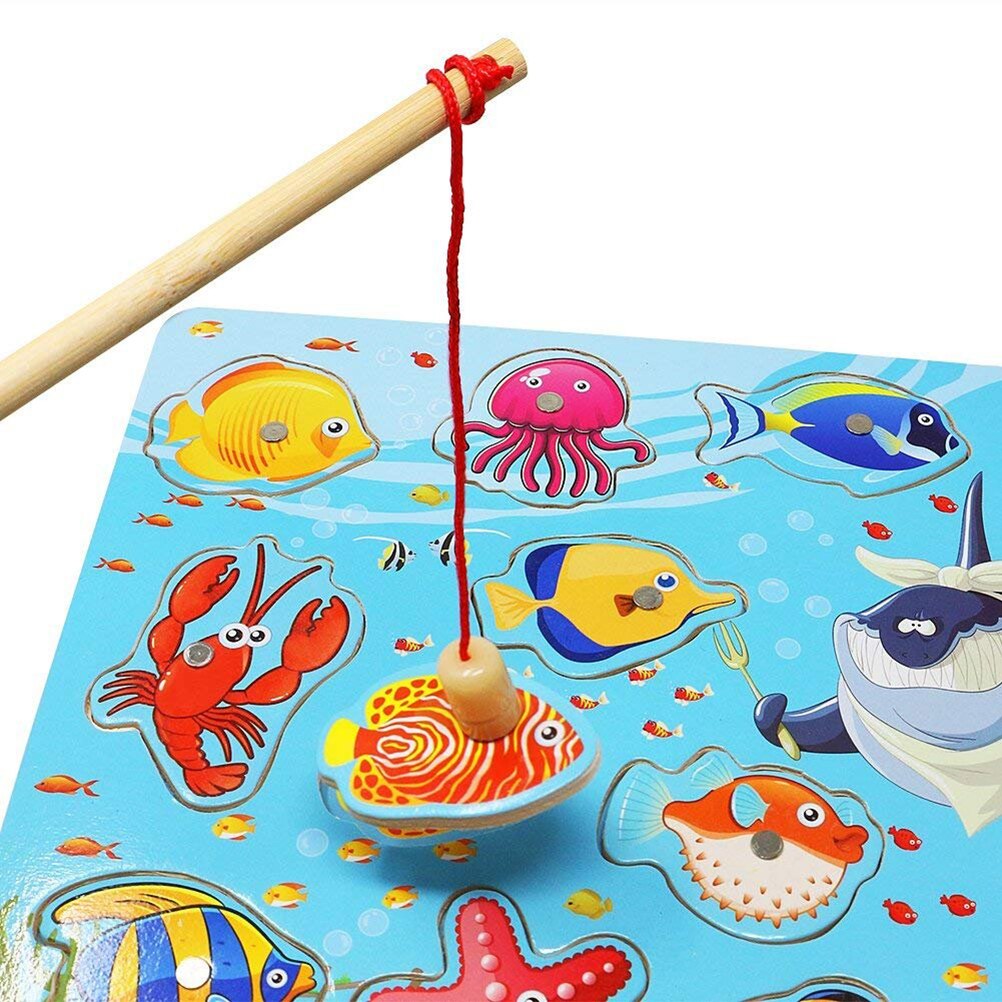 Baby Educational Toys Magnetic Wooden Puzzles Game Fishing Toys With 14 Fishes And 2 Magnetic Poles Learning Educational Toys