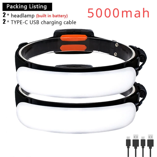 Potente linterna frontal LED COB, linterna frontal recargable por USB con batería integrada de 5000Mah, linterna para acampar y pescar: RGB