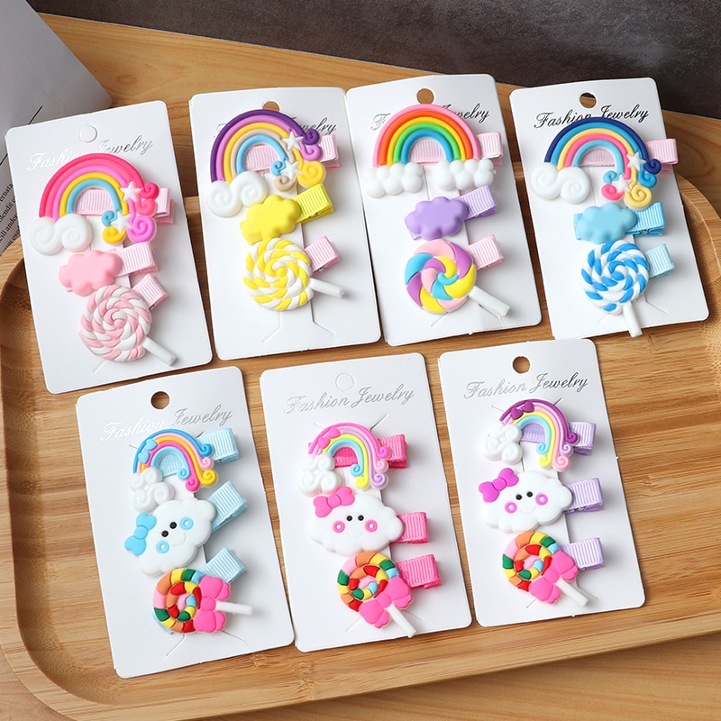 3pcs/Set Hair Clips Girls Cute Rainbow Clouds lollipop Hairpins Children Sweet Barrette Hair Ornament Cute Hair Accessories