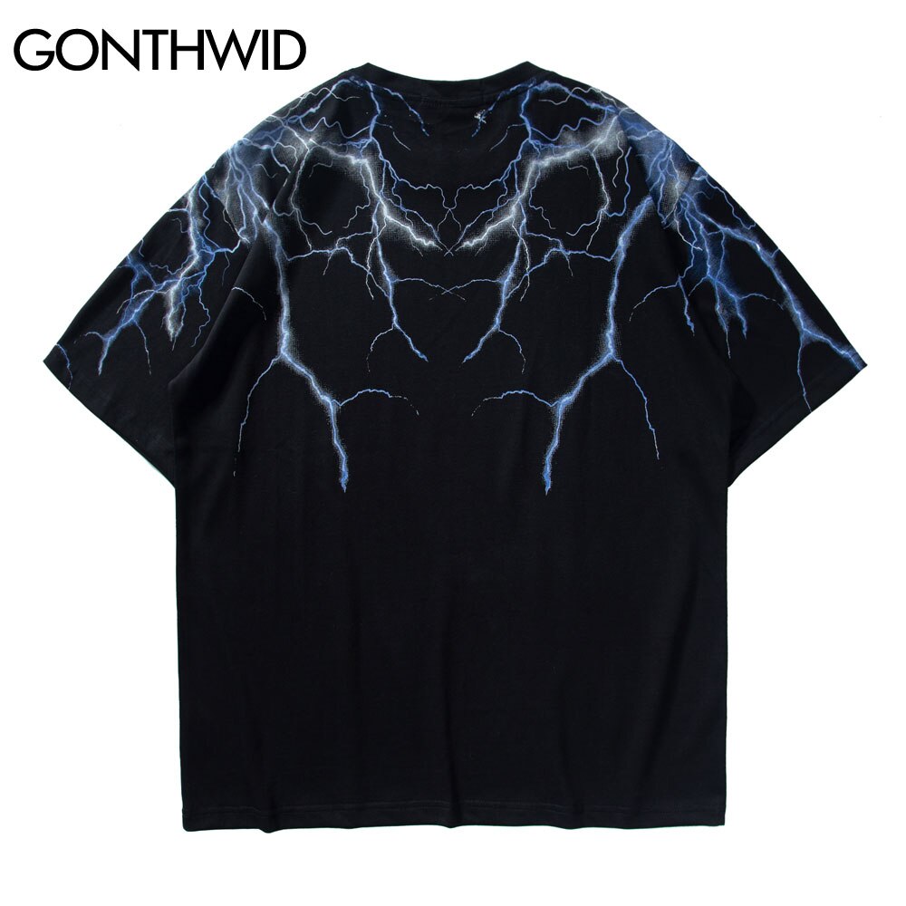 GONTHWID Hip Hop Lightning Print Short Sleeve T Shirts Streetwear Hipster Casual Punk Rock Tees Shirts Harajuku Men Tops