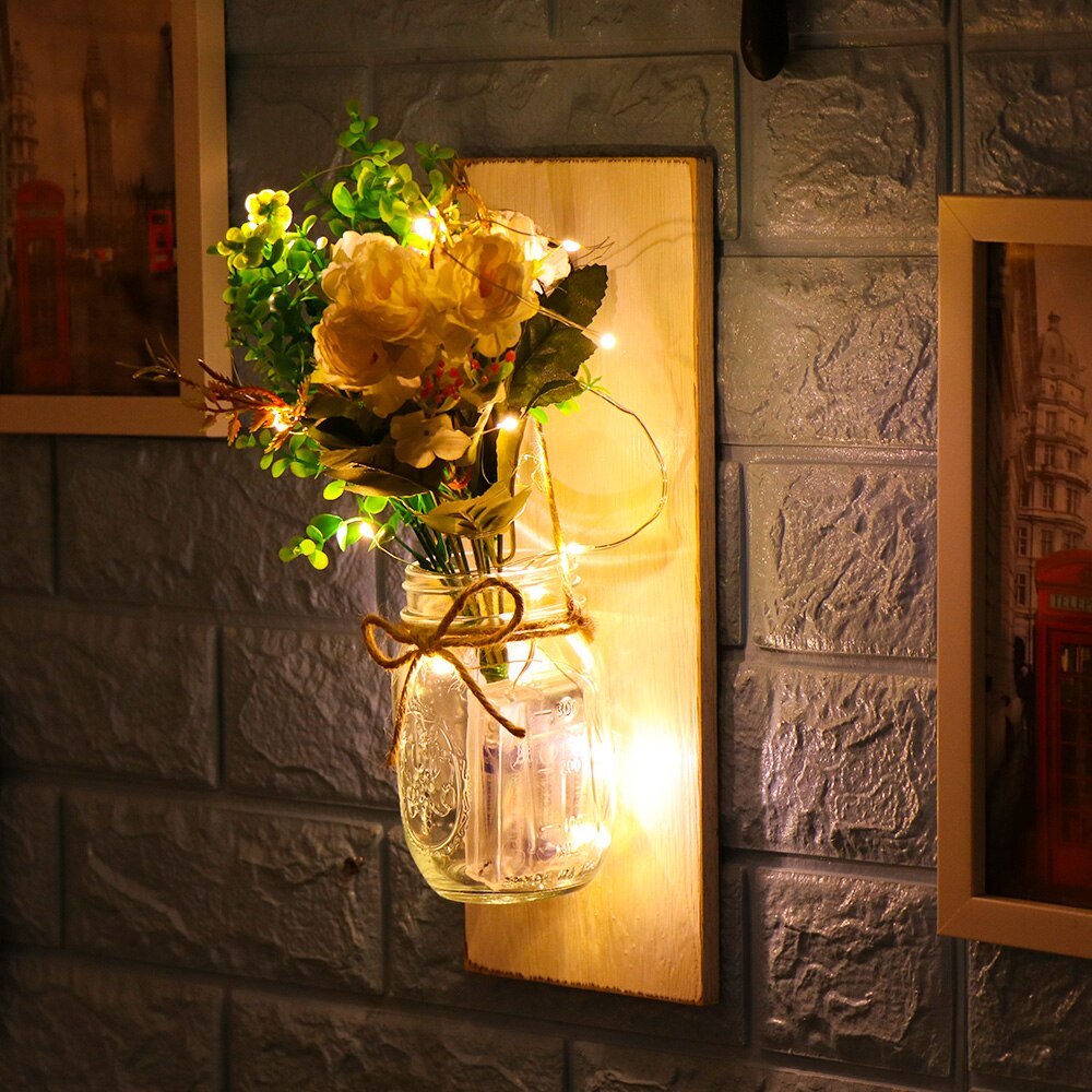 Tira de luces LED de pared con Control remoto para colgar en el hogar, apliques de luz con flores artificiales de tarro de albañil, decoración para el hogar, 2 uds.