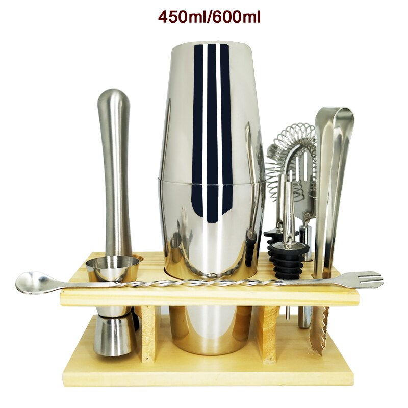 Kit de Bar 2-10 pièces | Ensemble d'outils de Bar avec support en bois , ensemble de secoueurs à Cocktail professionnels et outils de Bar: Package 4 450600ml