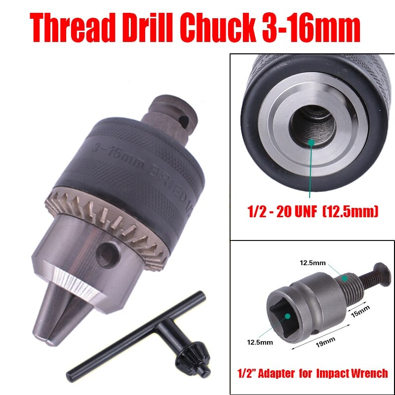 Drill Chuck Adapter Convert Impact Wrench Into Electric Drill - 1/2"-20UNF & 3/8"-24UNF Thread 3 Jaw Chuck