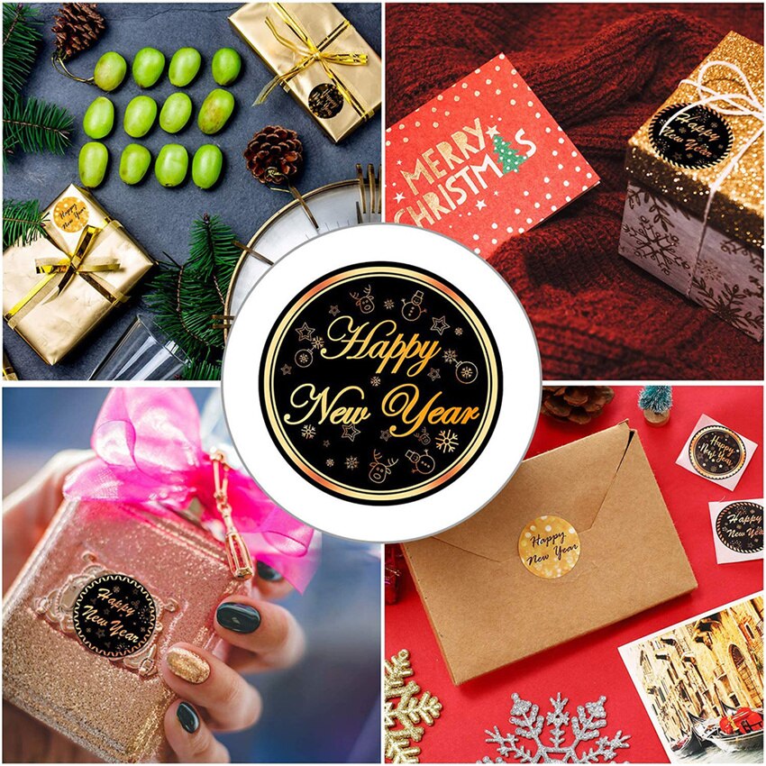 100-500 Stuks Gelukkig Nieuwjaar Stickers 8 Ontwerpen 1.5 &#39;&#39;Ronde Zwarte Goud Labels Stickers Voor Kerstcadeau kaarten Enveloppen Dozen