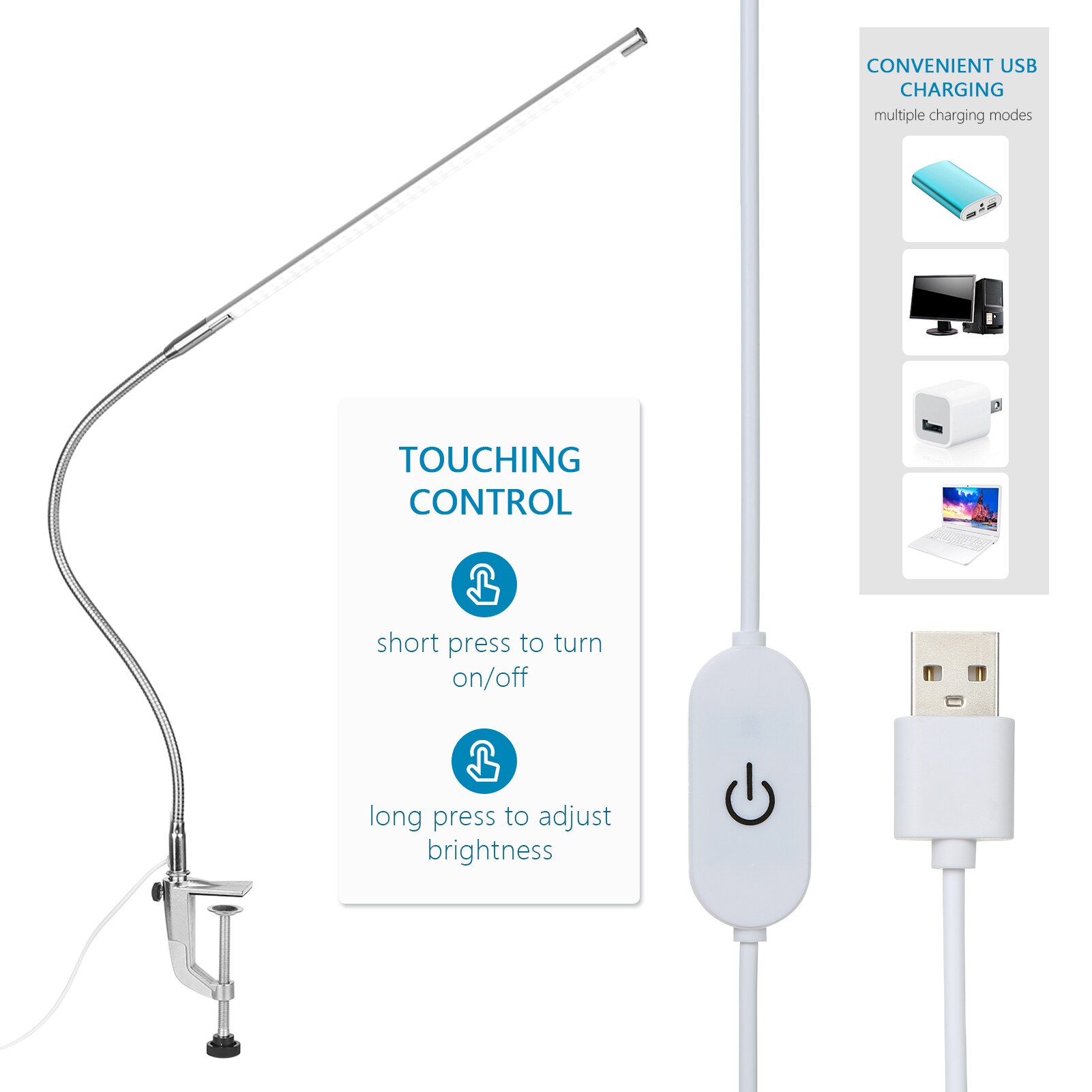 10w usb klipp-på bordlampe lysdioder hvit belysning berøringskontroll dimbare lysdioder leselys til seng sengegavl kontor arbeidsbenk