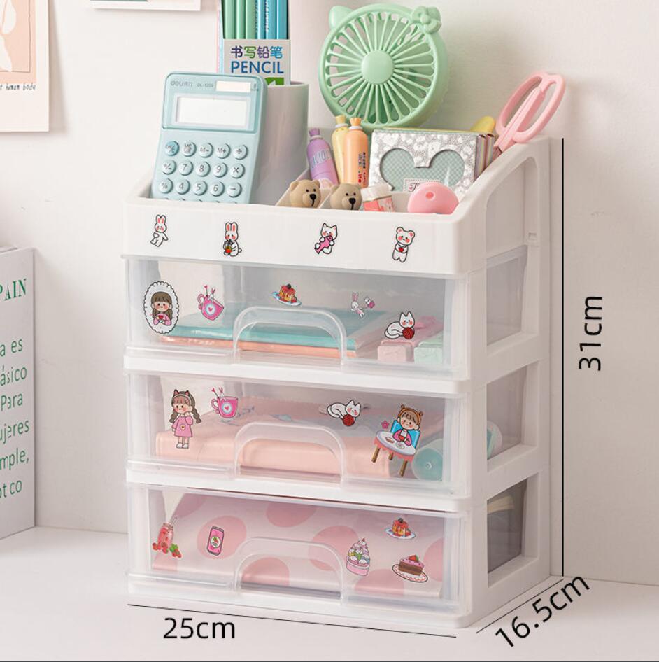 Cute Multi-storey Drawer Desktop Organizer Desk Storage Box Free Sticker home Transparent Desk Stationery office Accessories: Medium-3layer