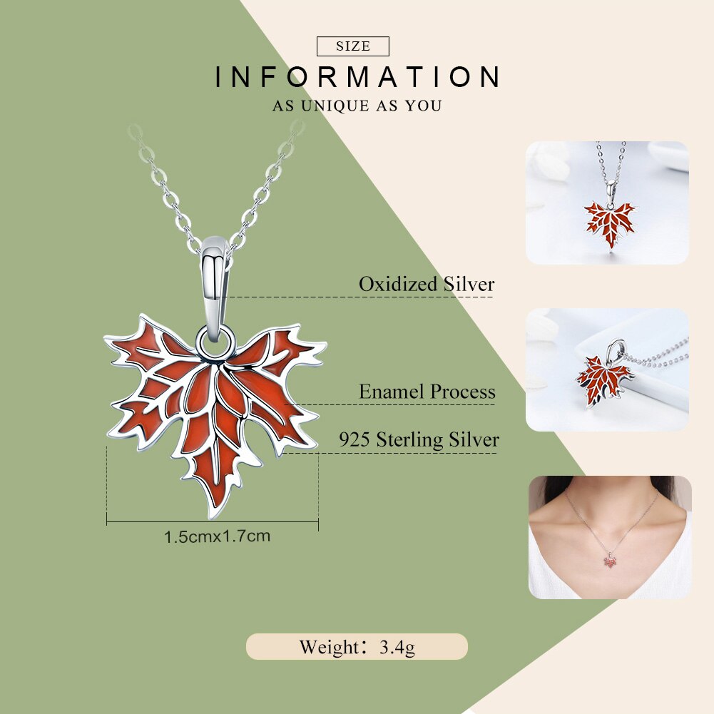 BAMOER 100% 925 Sterling Silver Autumn Maple Tree Leaves Pendant Necklace for Women Luxury Sterling Silver Jewelry CC585