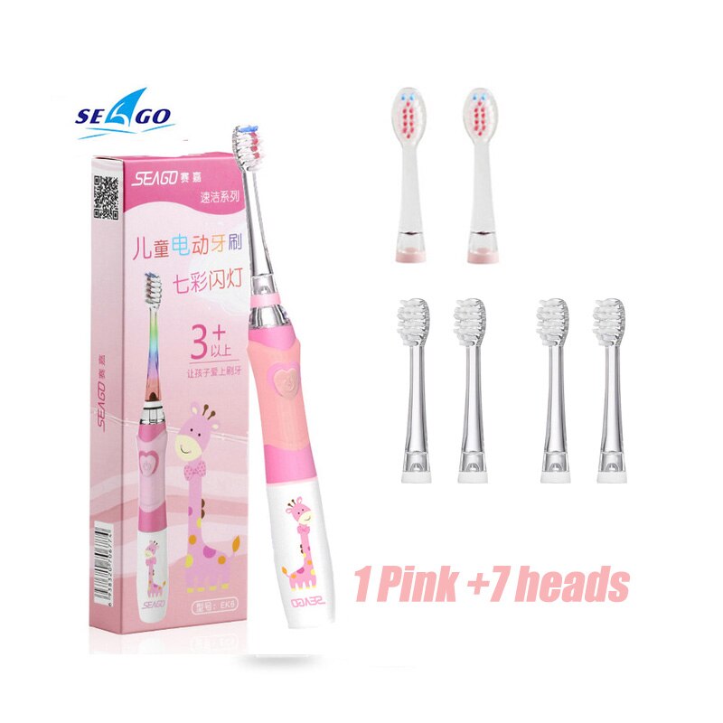 Seago Kids' Electric Toothbrush Powered Battery Smart Timer ToothBrush Soft Bristle Brush Head Kids Oral Care Colorful LED: Pink  7 heads