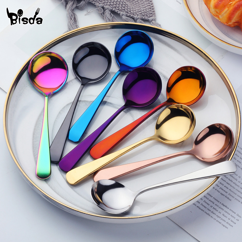 6/8/11Pcs Stainless Steel Soup Spoons Round Dessert Spoon 11 Colors Spoons Set Ice Cream Scoop Spoon In Party Dinnerset