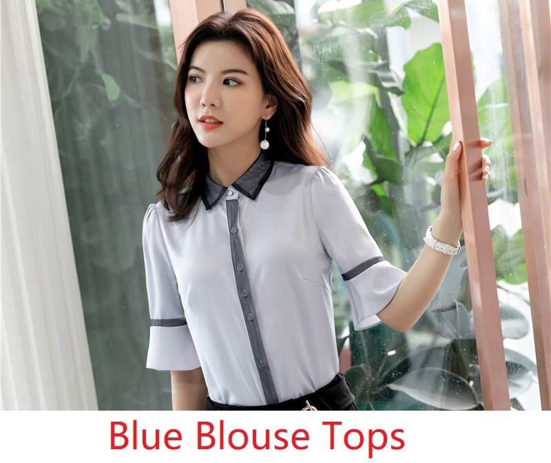 Lente zomer dames blouses en shirts met halve mouwen dames kantoor blouse zakelijke werkkleding dames casual tops kleding: Blauw / M