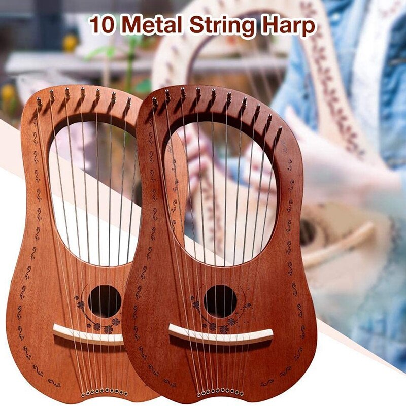 Lyre harpe 10 -strengs harpe bærbar lille harpe med slidstærke strenge musikinstrument stabil lydharpe, træfarve