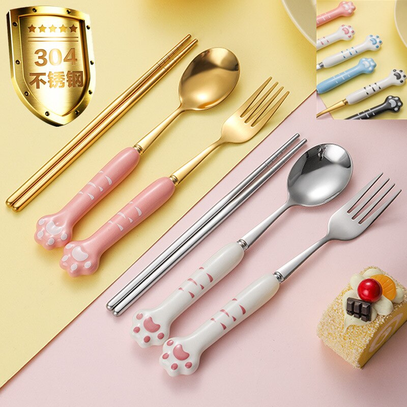 Cute cat claw ceramic 304 stainless steel tableware spoon fork chopsticks cute cartoon spoon gold spoon fork