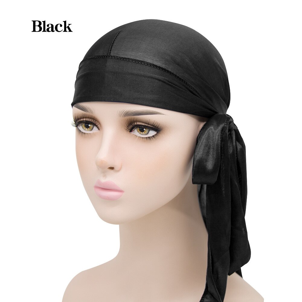 Durag do doo du chiffon en velours pour hommes et femmes, chapeau Bandana respirant, longue queue, couvre-chef chimio, couleur unie,: Black