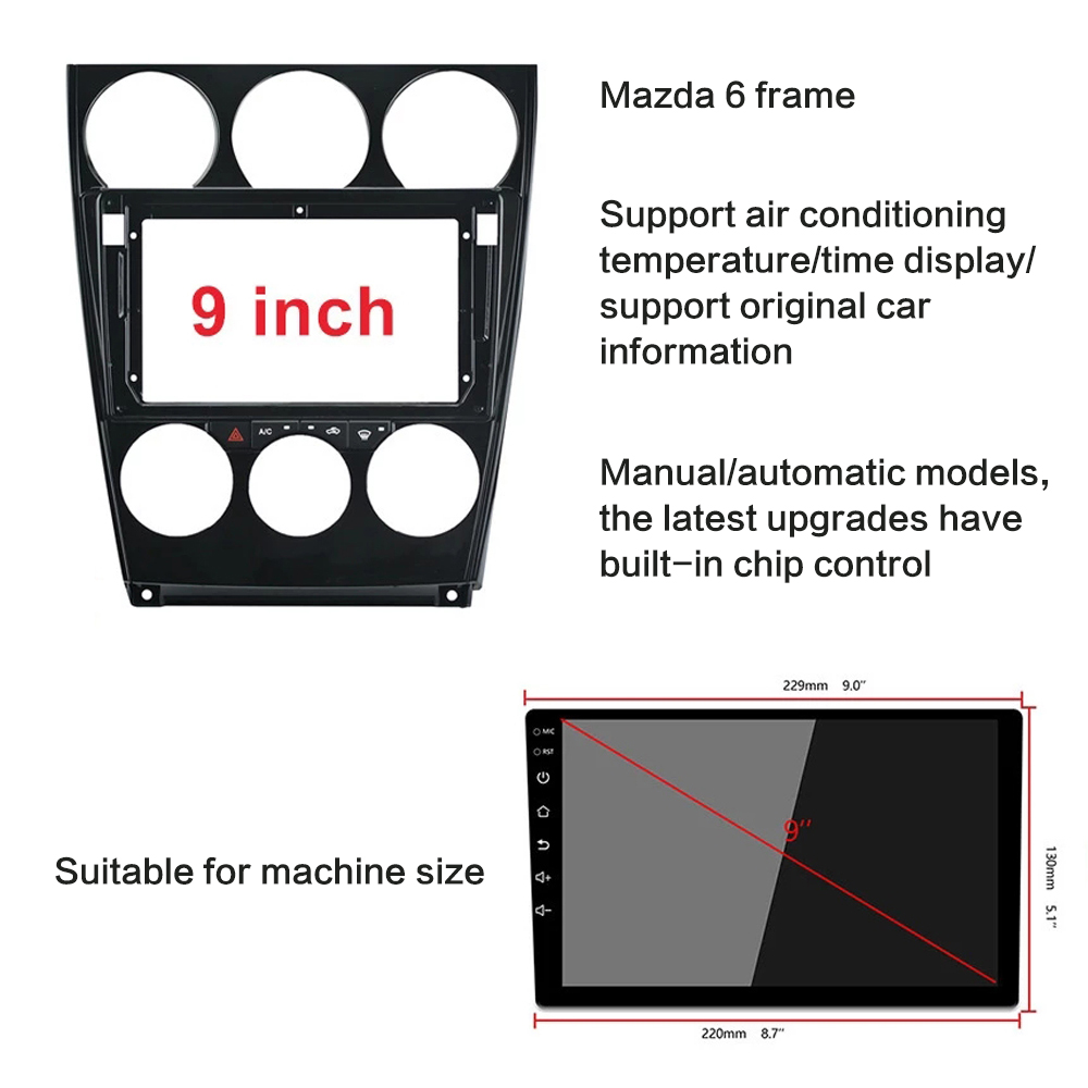Panel de salpicadero estéreo para coche Mazda, marco doble Din, aire acondicionado, cable de alimentación Canbus incorporado, 9 &quot;, para Mazda 6 2004