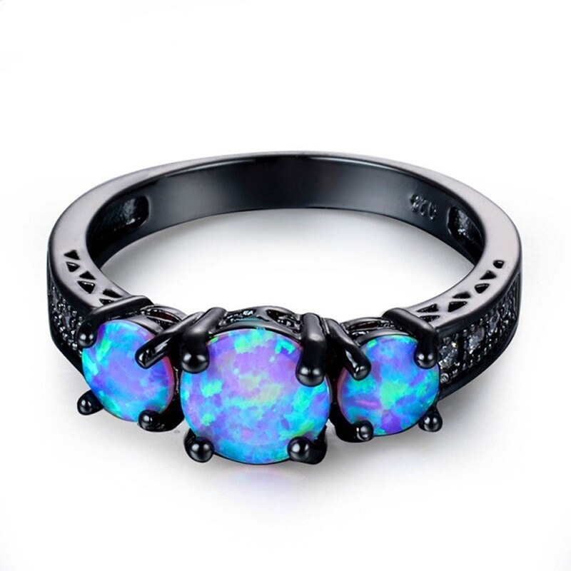 Prachtige Vrouwelijke Ronde Blue Brand Opal Ring Black Gold Filled Trouwringen Voor Vrouwen Vintage Sieraden Anillos Mujer