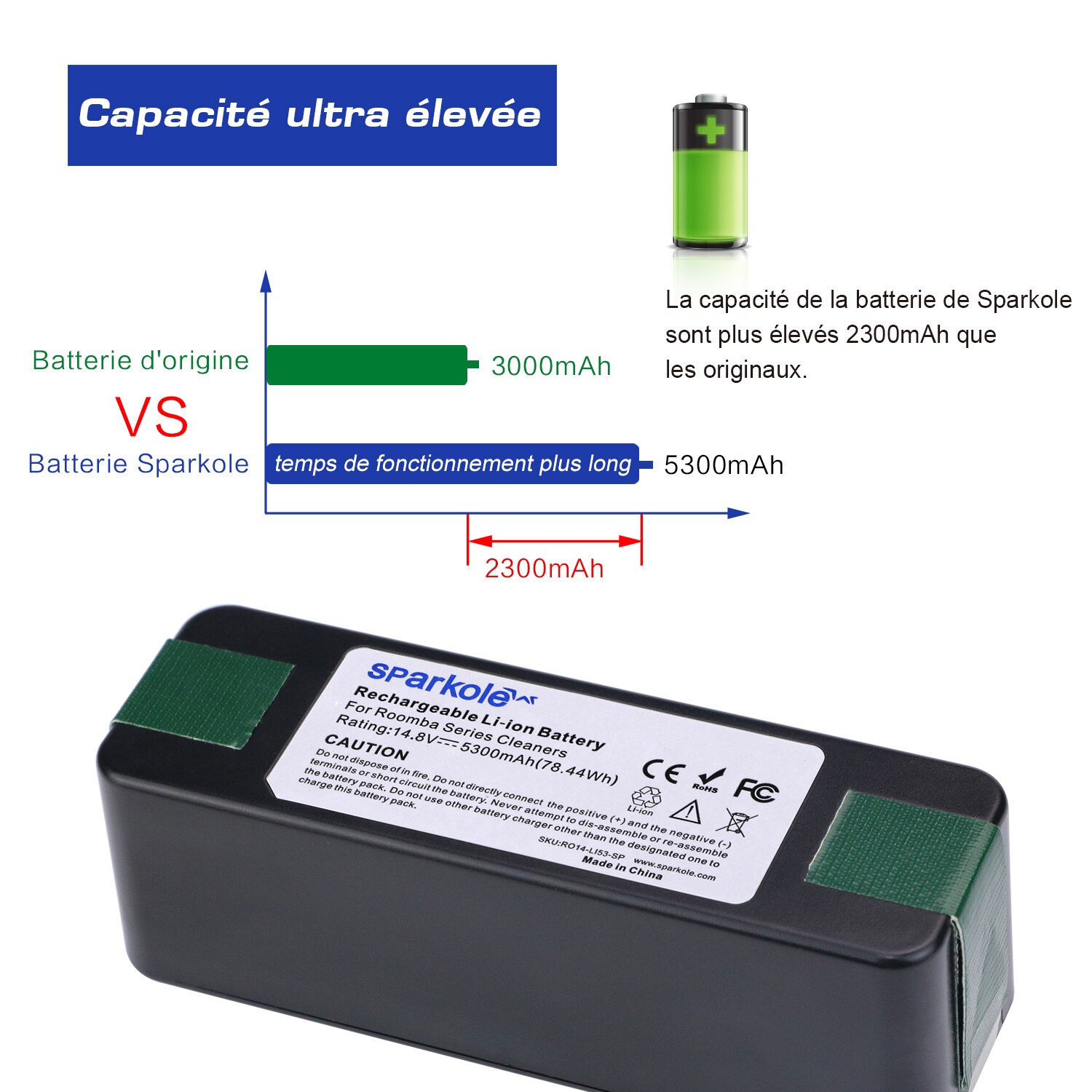 Sparkole 5300 mah 14.8v li-ion batteri för irobot roomba 500 600 700 800 900 series 550 560 580 620 630 650 770 780 870 880 980