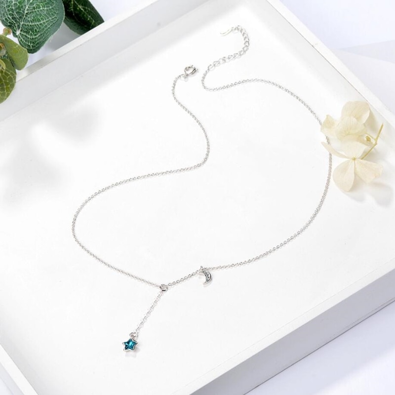 Blue Stars Moon Simple Sweet Fresh 925 Sterling Silver Clavicle Chain Literary Temperament Female Necklace SNE358