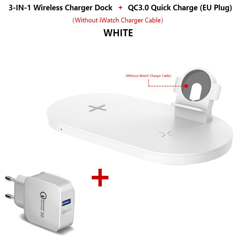 Qi Wireless Charger 3in1 15W (MAX) Fast Charging Stand Dock for Apple Watch 5 4 Airpods 2 3 Wireless Charge for iPhone Samsung: QC3.0 and White