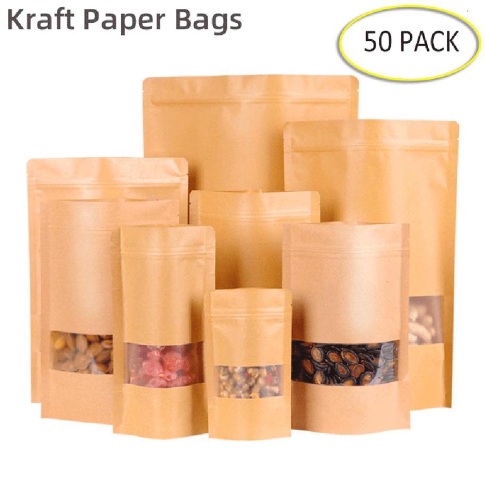 50Pcs/Set Kraft Zip Lock Stand Bags Tea Coffee Bean Candy Food Storage Pouch organizador cocina emballage cadeau Candy Paper bag
