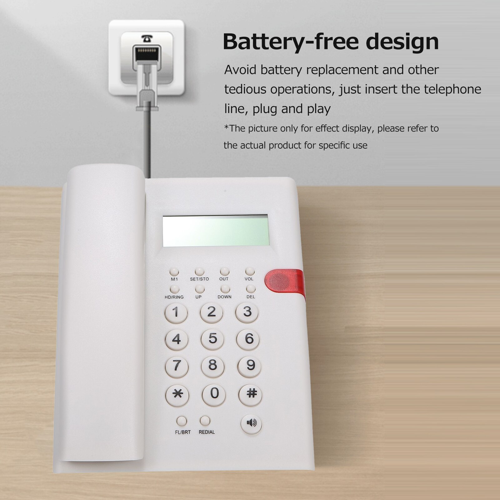 Desktop Battery-free Landline Telephone with Caller Identification Adjustable LCD Screen Brightness White(US Telephone Line)