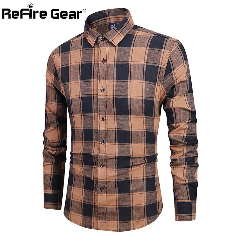Refire varusteet miehet kevät rento ruudullinen paita slim fit tyylit puuvilla pitkähihaiset paidat miesten pehmeät mukavat ruutuvaatteet