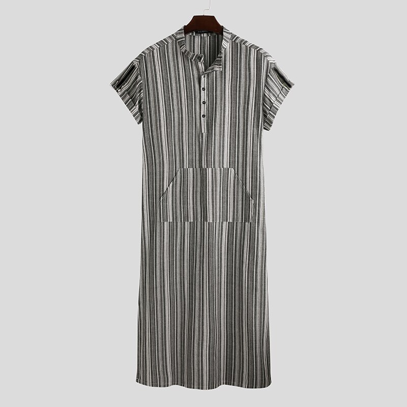 INCERUN Men Jubba Thobe Muslim Clothes Short Sleeve Striped Cotton Stand Collar Casual Robes Islamic Arabic Kaftan Abaya S-5XL: Black / XXXL
