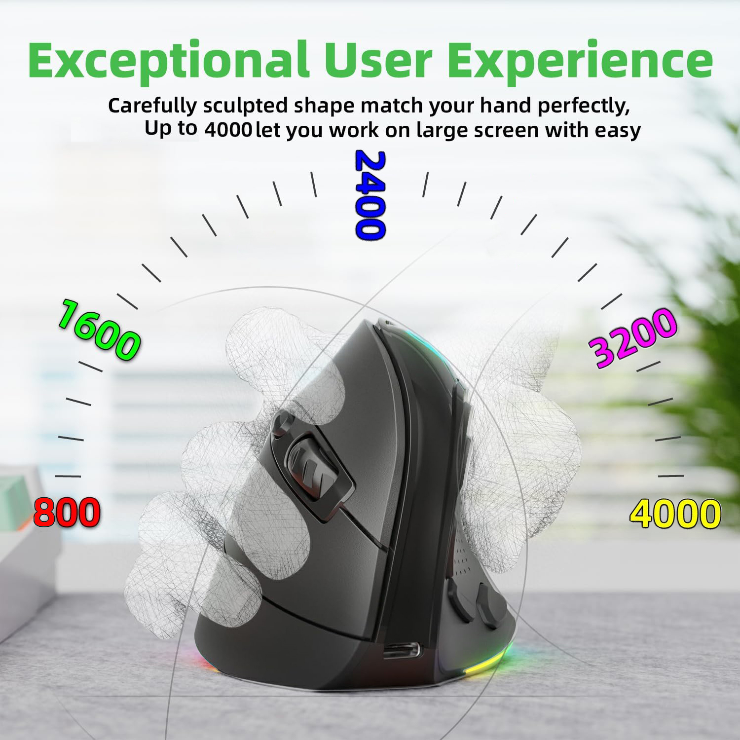 2.4G Dual Modes Ergonomic Vertical Wireless Mouse 4000 DPI 9 Buttons RGB Backlit Rechargeable Wireless Silent Mouse for Desktop