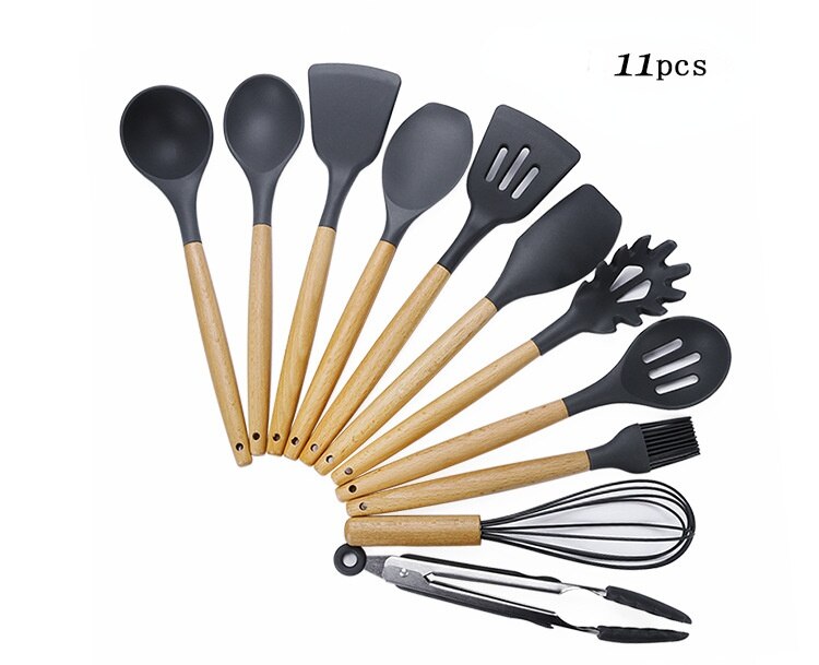 Silicone Cooking Utensil Set Wooden Handle Spatula Soup Spoon Brush Ladle Pasta Colander Non stick Cookware Kitchen Tools: 11PC