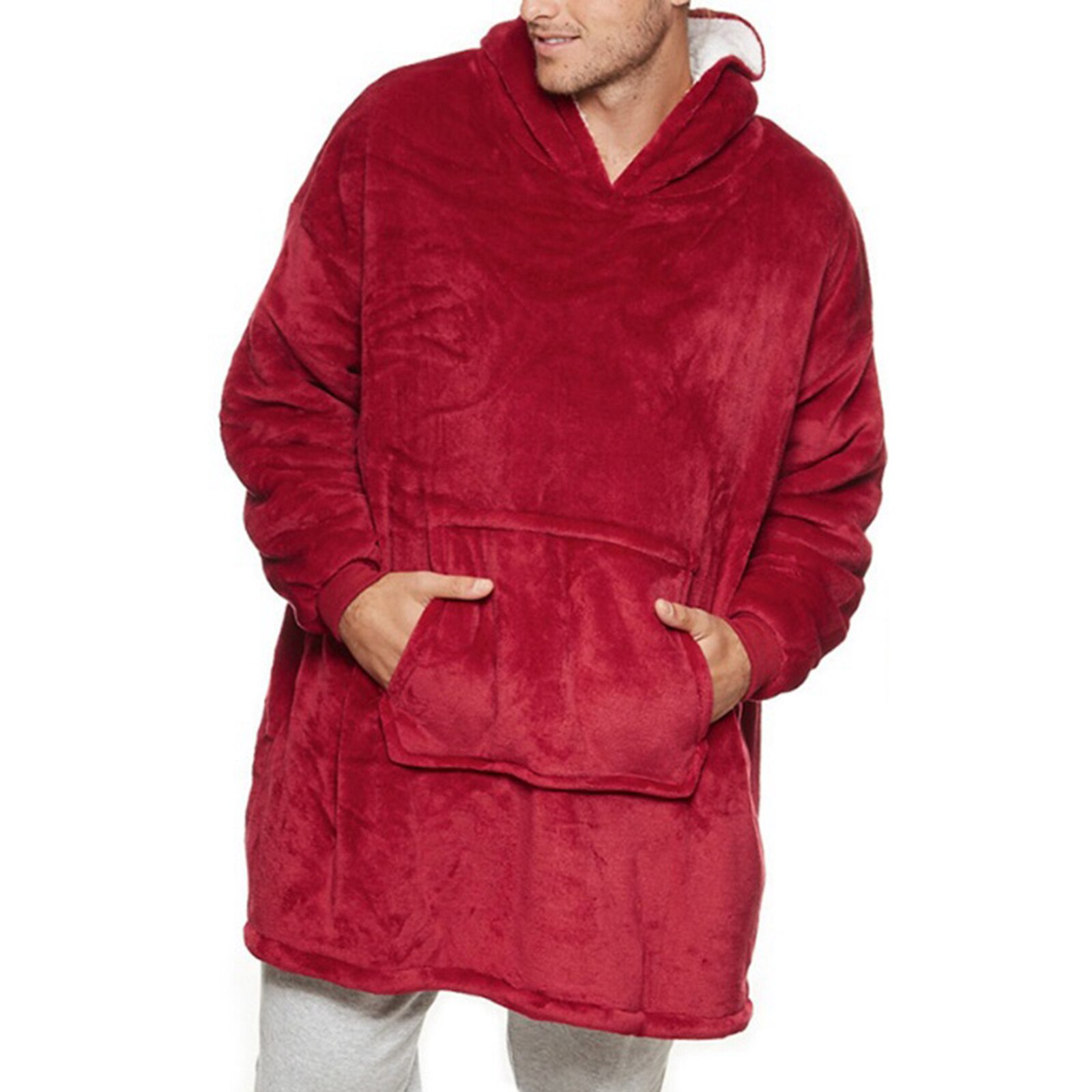 Sudadera térmica de invierno para hombre y mujer, ropa de descanso larga, supersuave Sudadera con capucha, bata de baño de Manta polar usable para hombre y mujer: Rojo