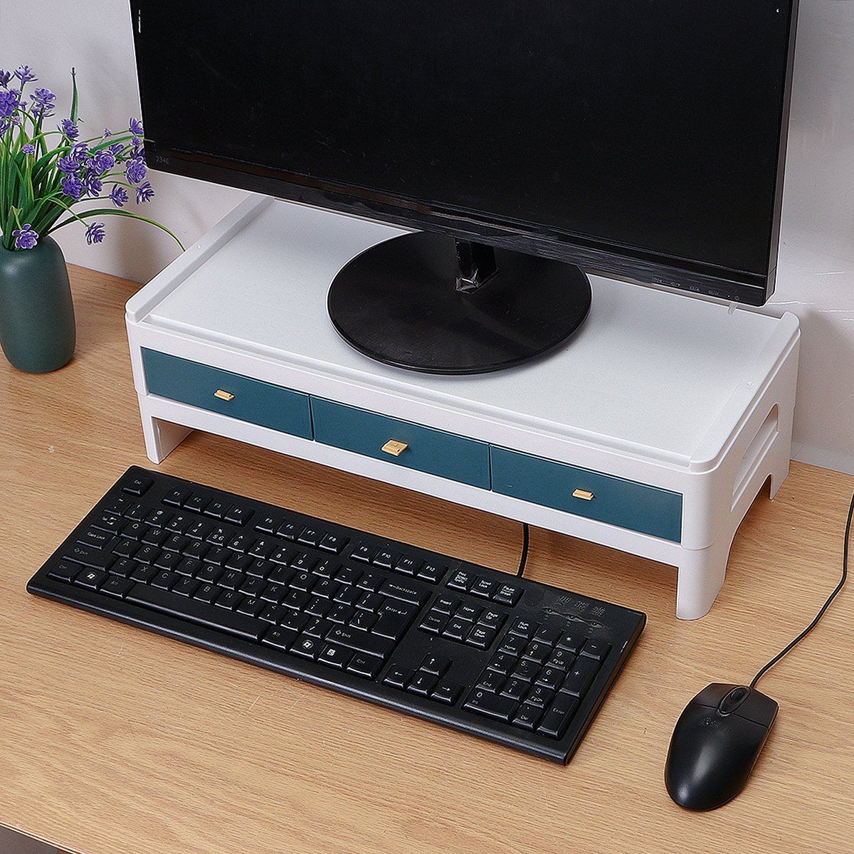 2Tiers Monitor Riser Stand Desk Shelf with Drawer Keyboard Storage Stylish White Pen-Books Stationery