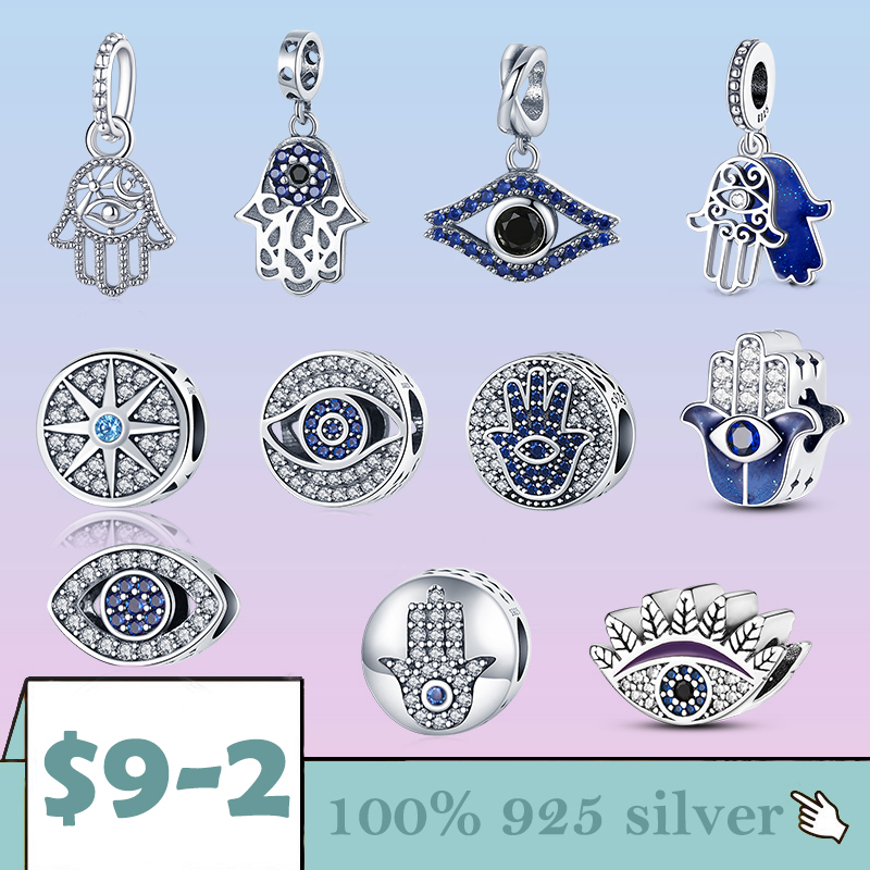 Hamsa-abalorios de mano de plata 925 auténtica, amuleto de mano de fátima con ojos azules de la suerte, compatible con pulsera Original, joyería