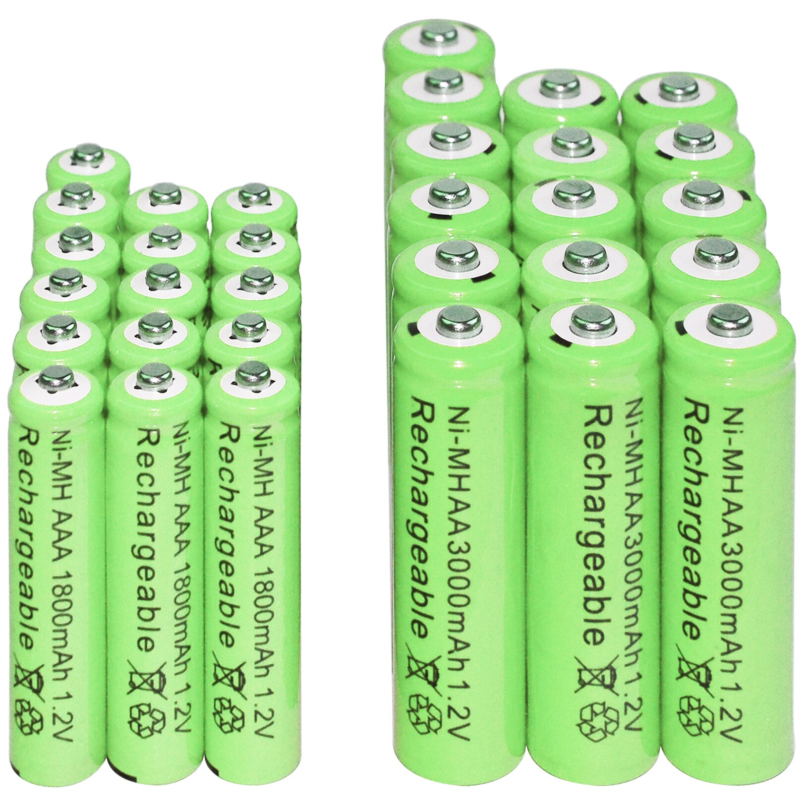 2/6/12/16/20/24/30 stk aaa 1800 mah  + aa 3000 mah 1.2v ni-mh aa genopladelige batterier grøn