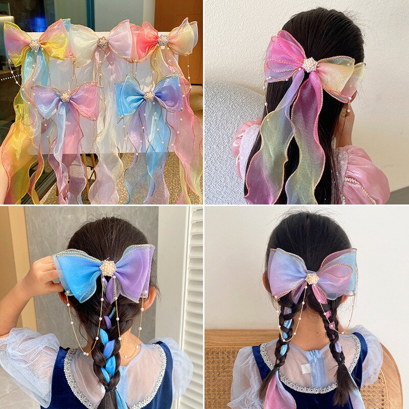 New Fashion Bow fermagli per capelli per ragazze arcobaleno colore nastro lungo forcine per bambini copricapo dolce principessa accessori per capelli per bambini