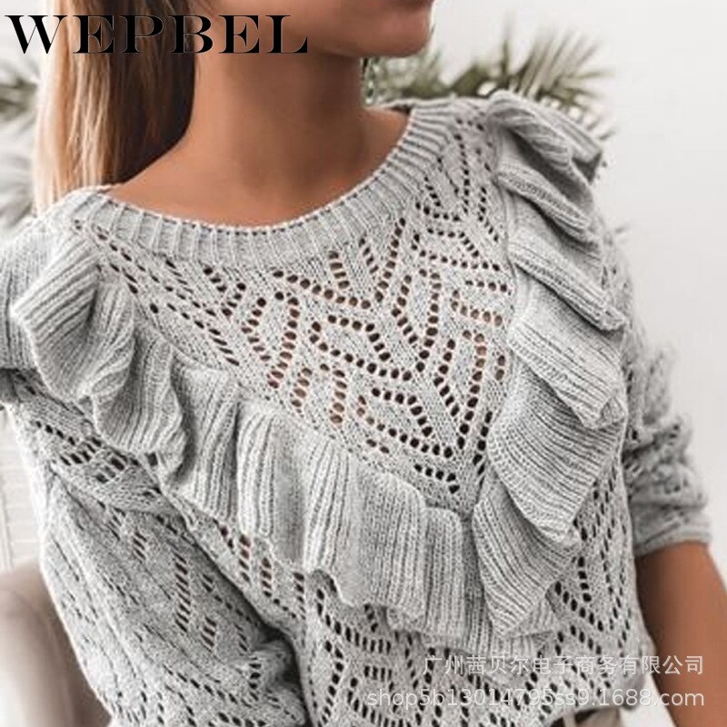 WEPBEL – pull tricoté à volants pour femme, , ajouré, manches longues, col rond, automne hiver