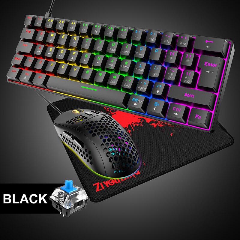 Wired Keyboard Mouse and Mouse pad Set Gaming Mechanical Keyboards 62 keys RGB Backlit Blue Red Switch for PC Gamer: Blue Switch Black