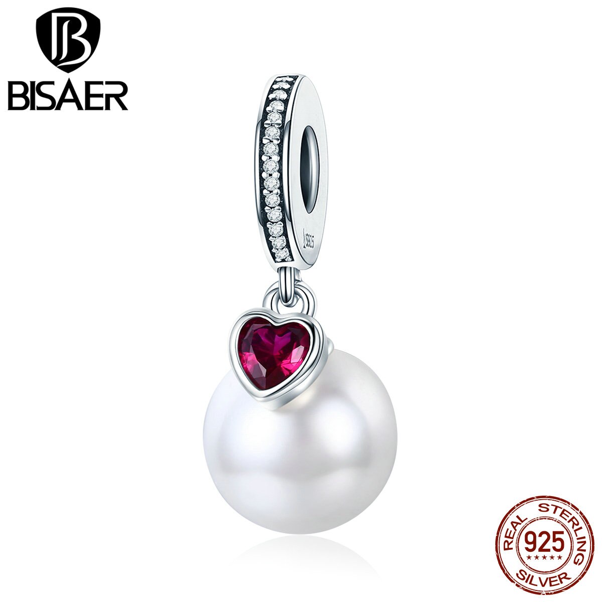 BISAER 925 Sterling Silver Blooming Pearl Pink Heart Charms Beads Fit Original Charm Bracelet Silver 925 Jewelry Making ECC782