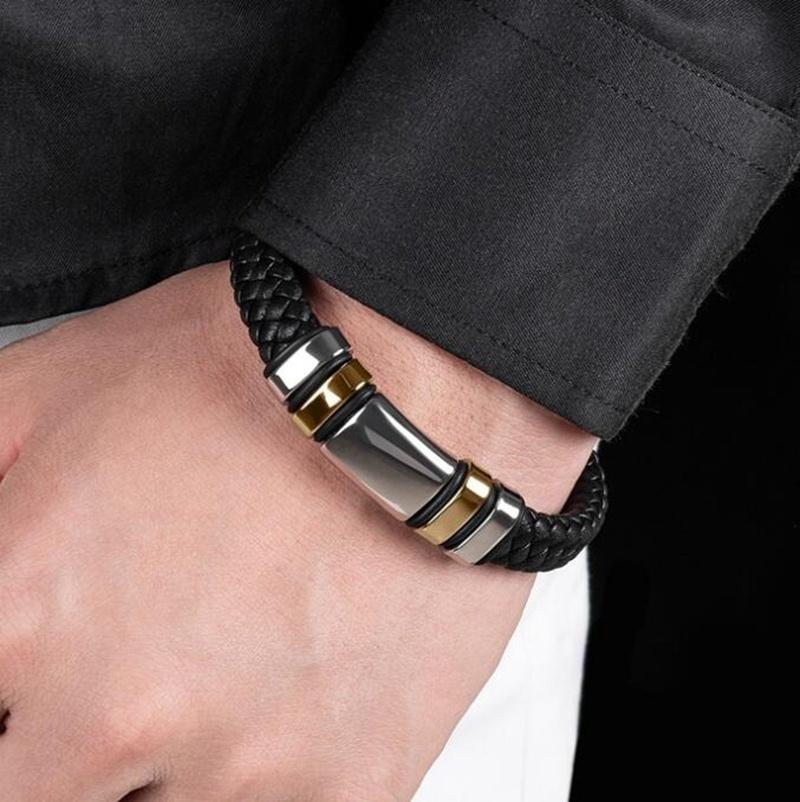 Trend preto tecido couro envolto pulseira metal fecho magnético para homem jóias casuais: Default Title
