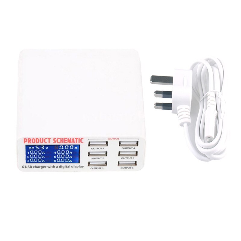 EU/US/UK Plug 6 Ports USB Charger Travel Charger LCD Digital Display Smart Charging Station Multi-Port USB Charging