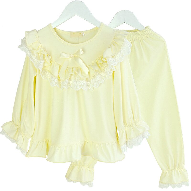Autumn Girl Pajama Set Kids Home Cloth Girls Pyjamas Cotton Long Sleeve Lace Cute for Children Princess Retro Sleepwear: Yellow / 7