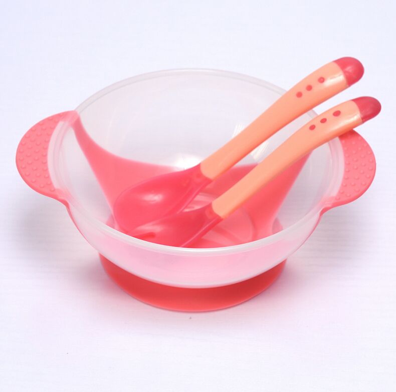 Baby Bowl Training Bowl With Temperature-sensitive Spoon Set Learning Dishes With Suction Cup Children Training Feeding Platos: Red Dishes