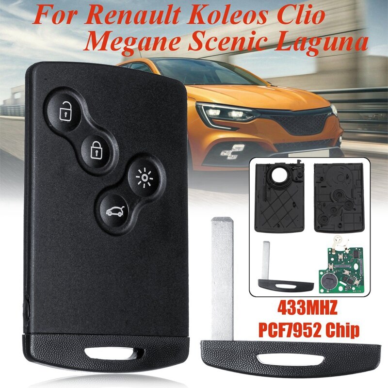4 knap smart card bilnøgle 433 mhz pcf 7952 chip fjernbetjeningsnøgle til renault megane 3 -